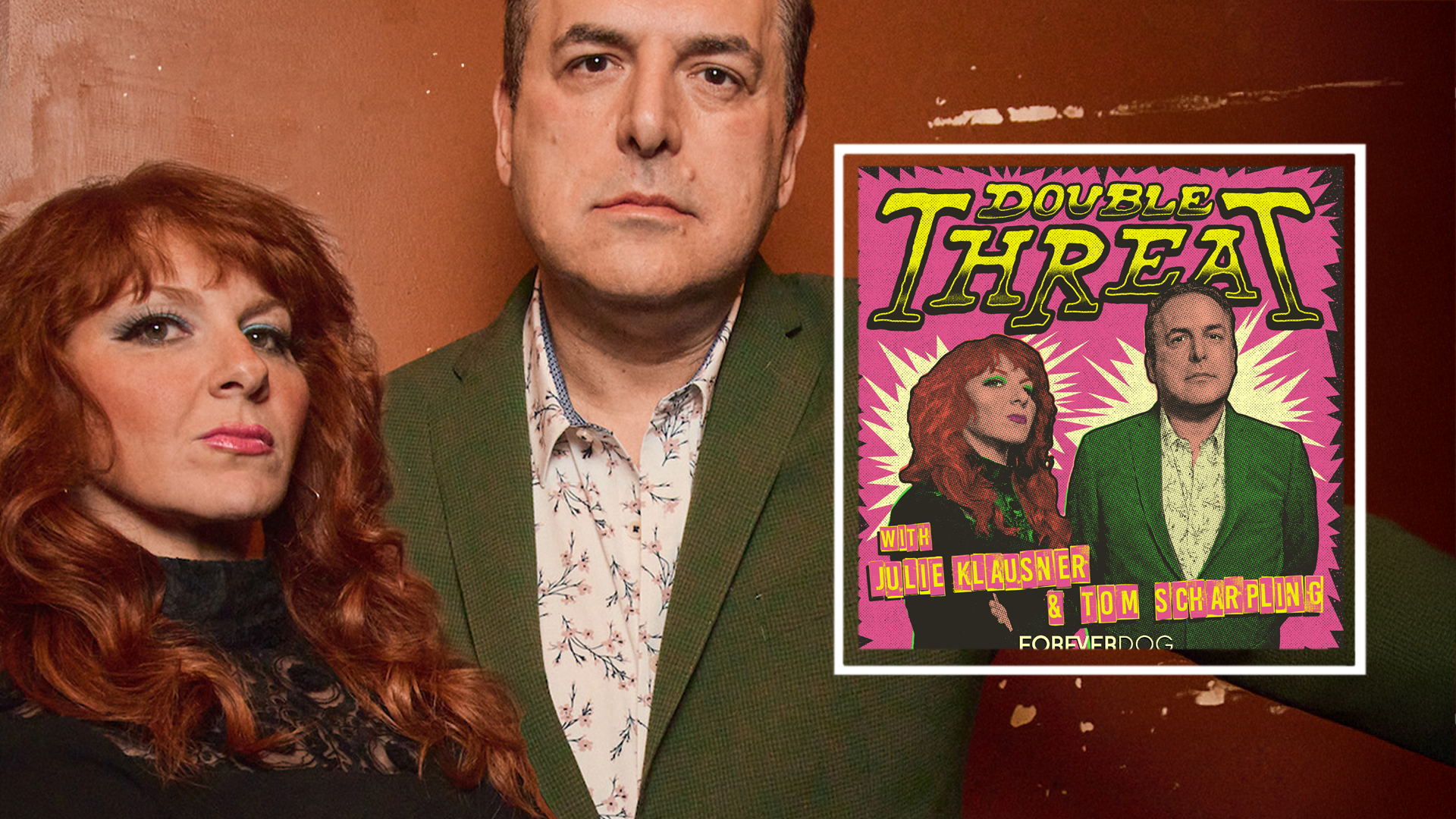 Double Threat's Julie and Tom with logo artwork to the side