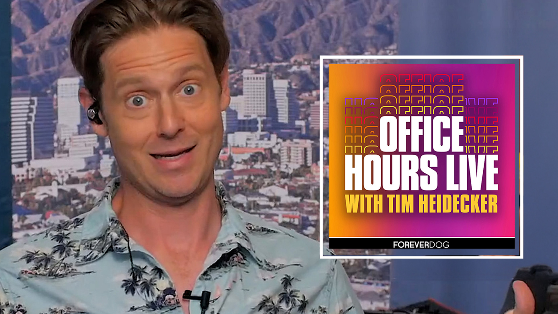 Tim Heidecker with logo artwork to the side
