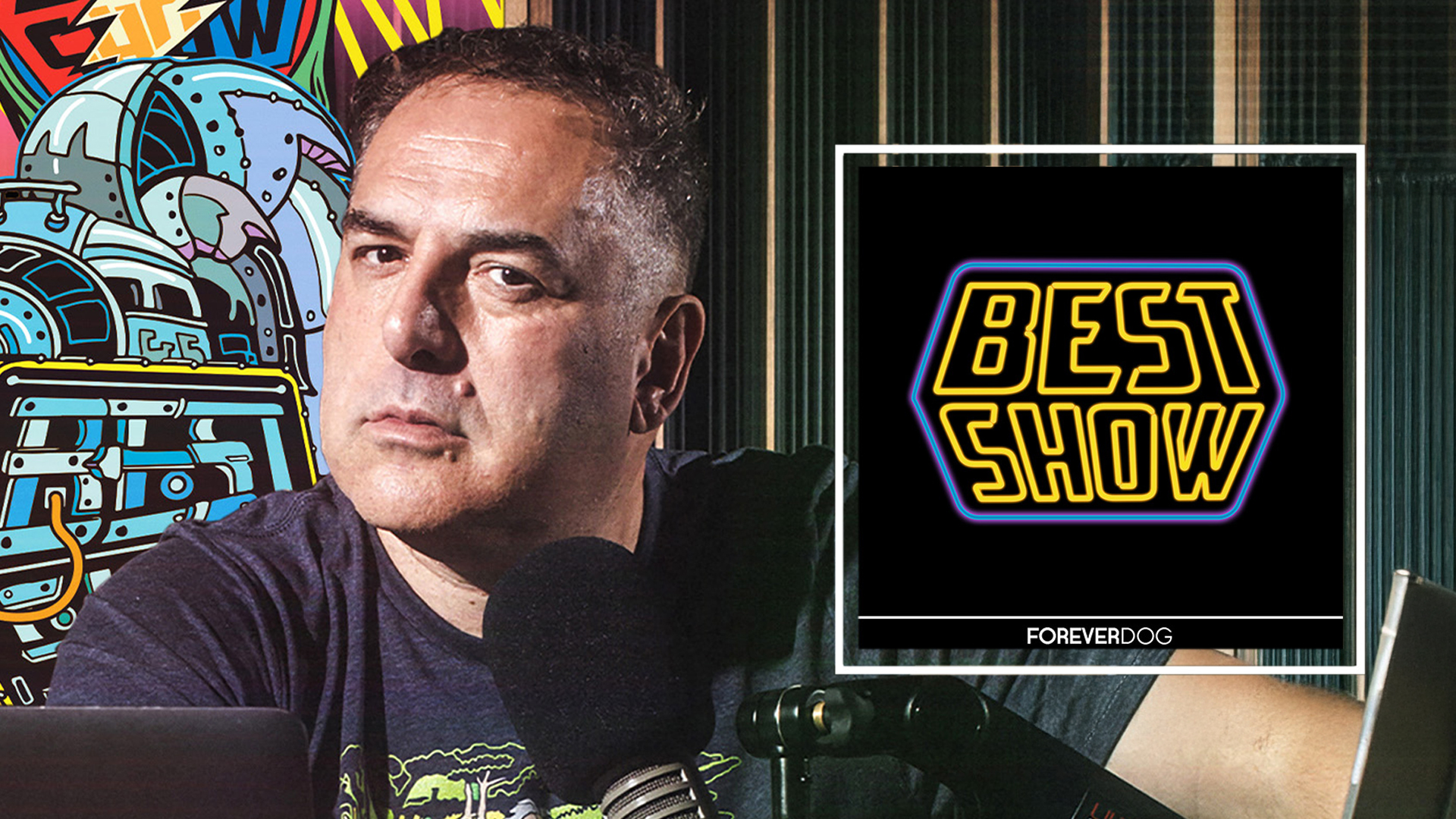 Tom Scharpling with logo artwork to the side